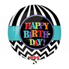 Happy Birthday Orbz Black & White Stripes Foil Balloon
