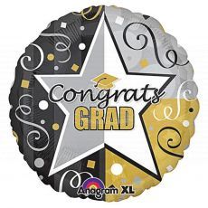 Congrats Grad Black Round Silver Star Graduation Balloon