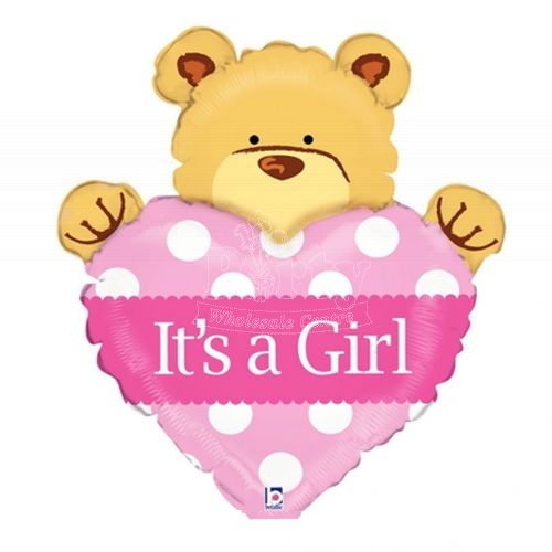 Baby Girl Big with Bear Heart Foil Balloon