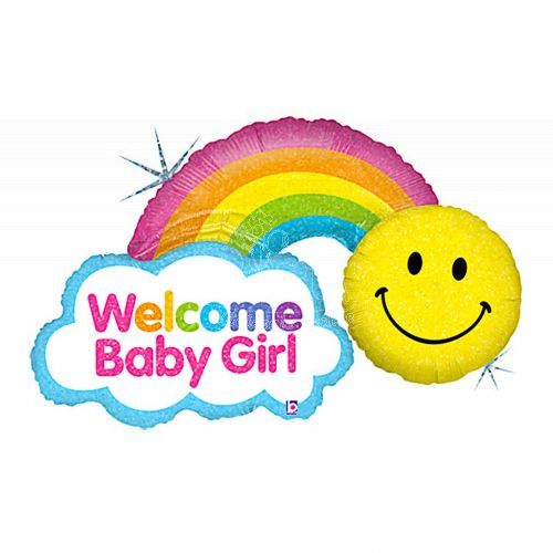 Welcome Baby Girl Smiley Rainbow Foil Balloon